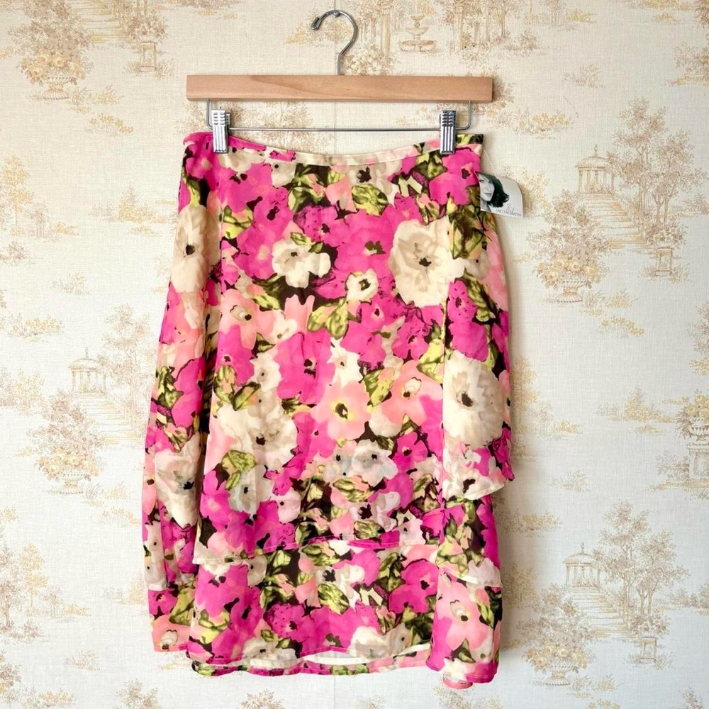 Vintage Y2K Jaclyn Smith pink cream green floral print chiffon layered skirt NWT